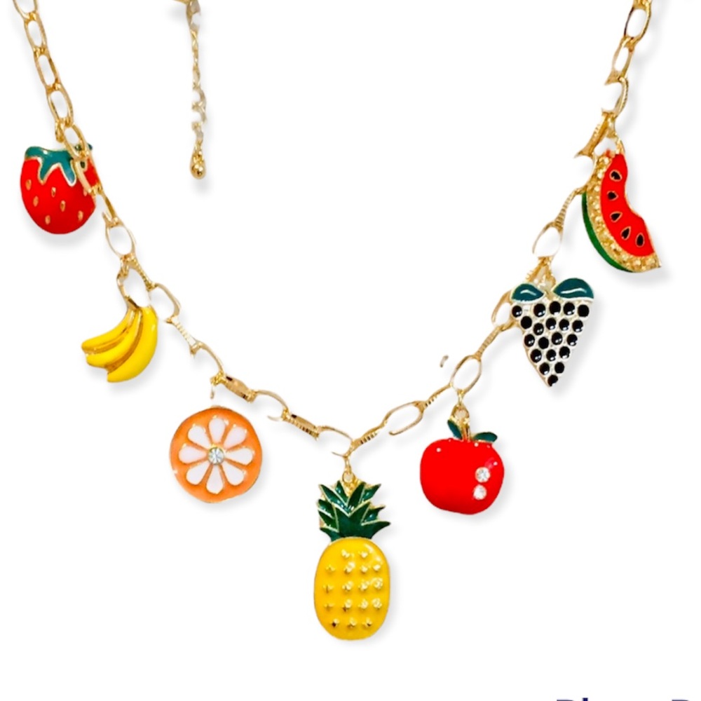NEW Fruit Salad Gold Tone Charm Necklace Summer Sweet Kawaii